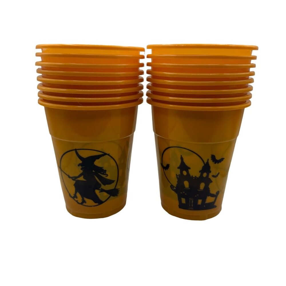 Halloween-Themed Orange Plastic 16 Party Cups Witch Haunted House & Black Cat